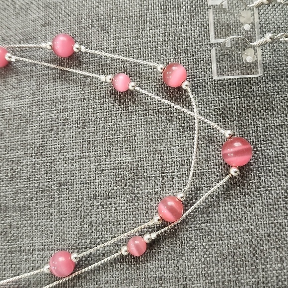 Pink Cat's Eye Glass Bead Necklace & Earring Set Silver Tone Jewelry Bundle - Picture 3 of 4